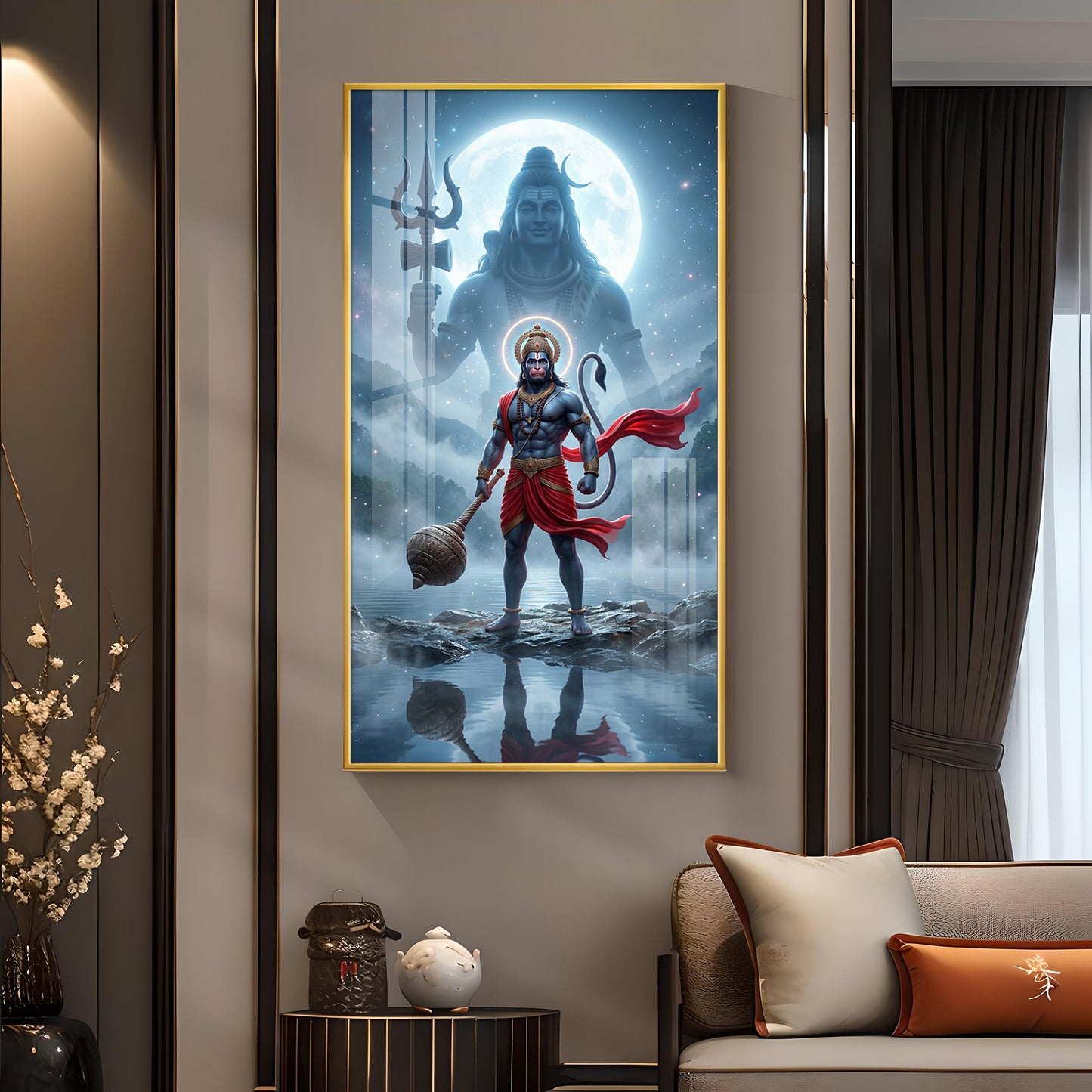 Hanuman Ji and Shiva Ji Glass Finish Vertical Wall Art