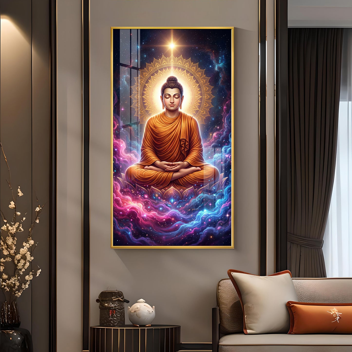 Lord Gautam Buddha Glass Finish Vertical Wall Art