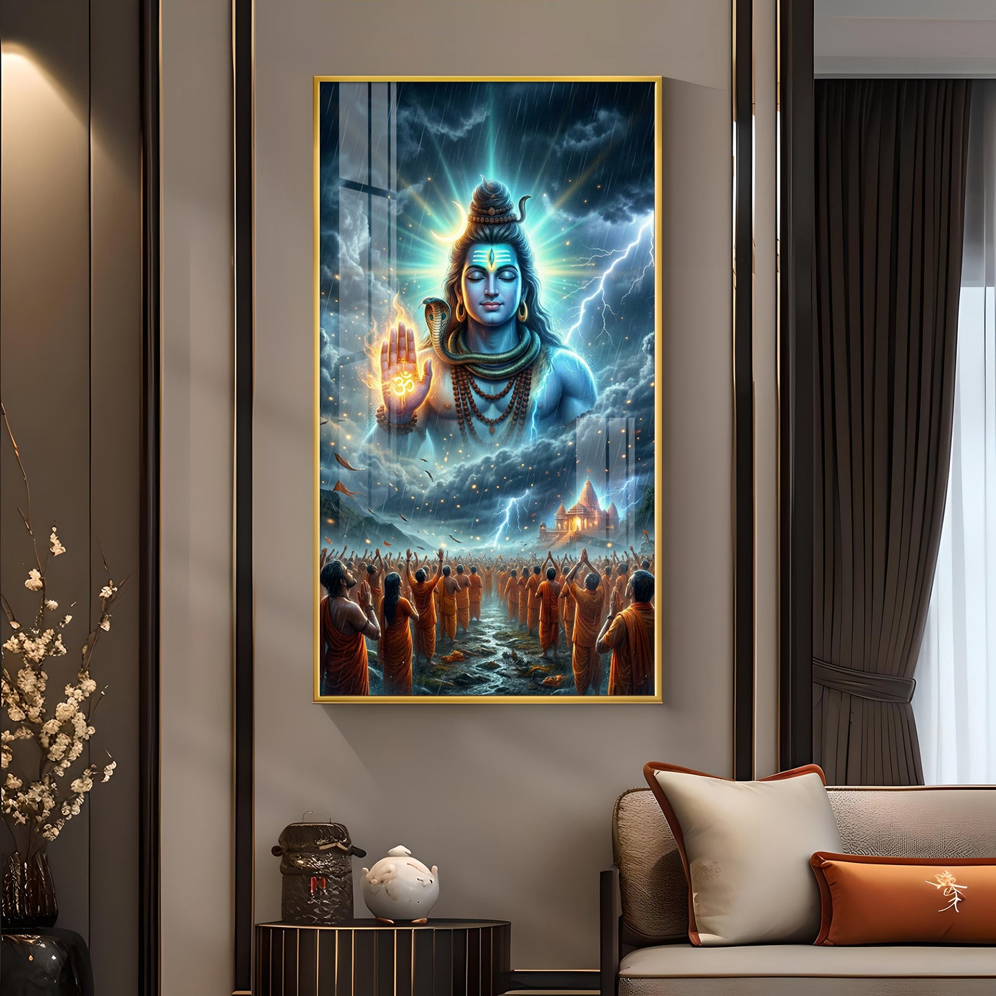 Lord Mahadev Blessing Glass Finish Vertical Wall Art