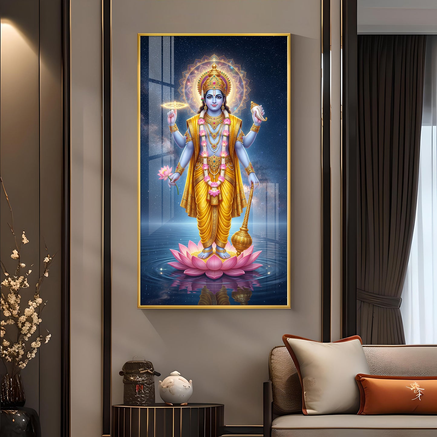 Divine Lord Vishnu Ji On Lotus Glass Finish Vertical Wall Art