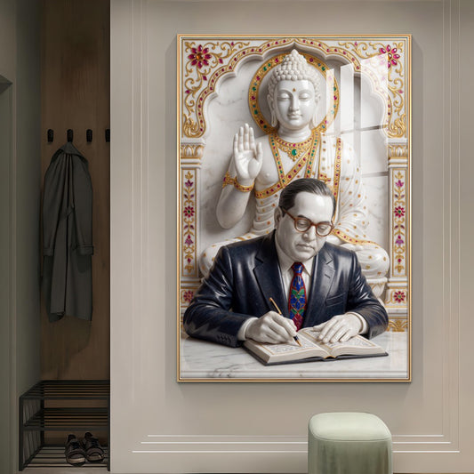 Dr. B.R. Ambedkar and Buddha Glass Finish Vertical Wall Art
