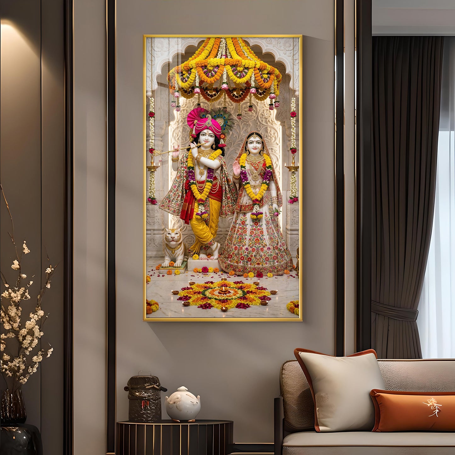 Divine Radha and Krishna Glass Finish Vertical Wall Art