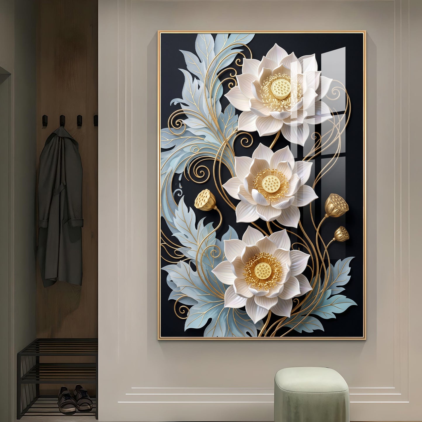 White Lotus With Golden Accents Glass Finish Vertical Wall Art
