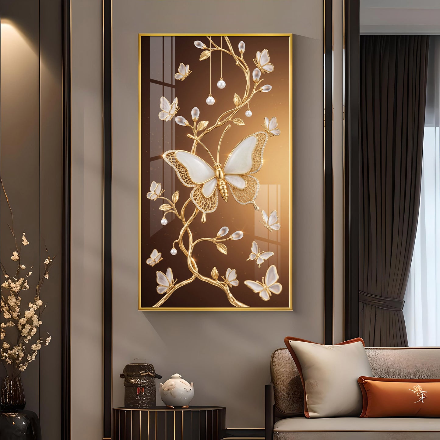 Golden Vines With White Butterflies Glass Finish Vertical Wall Art