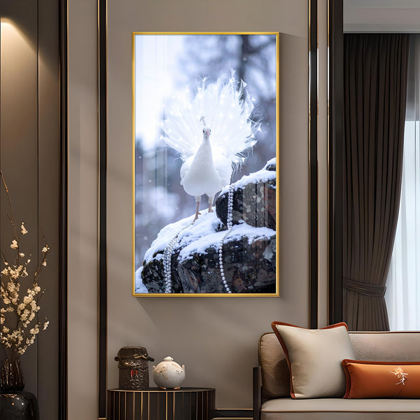White Peacock Glass Finish Vertical Wall Art