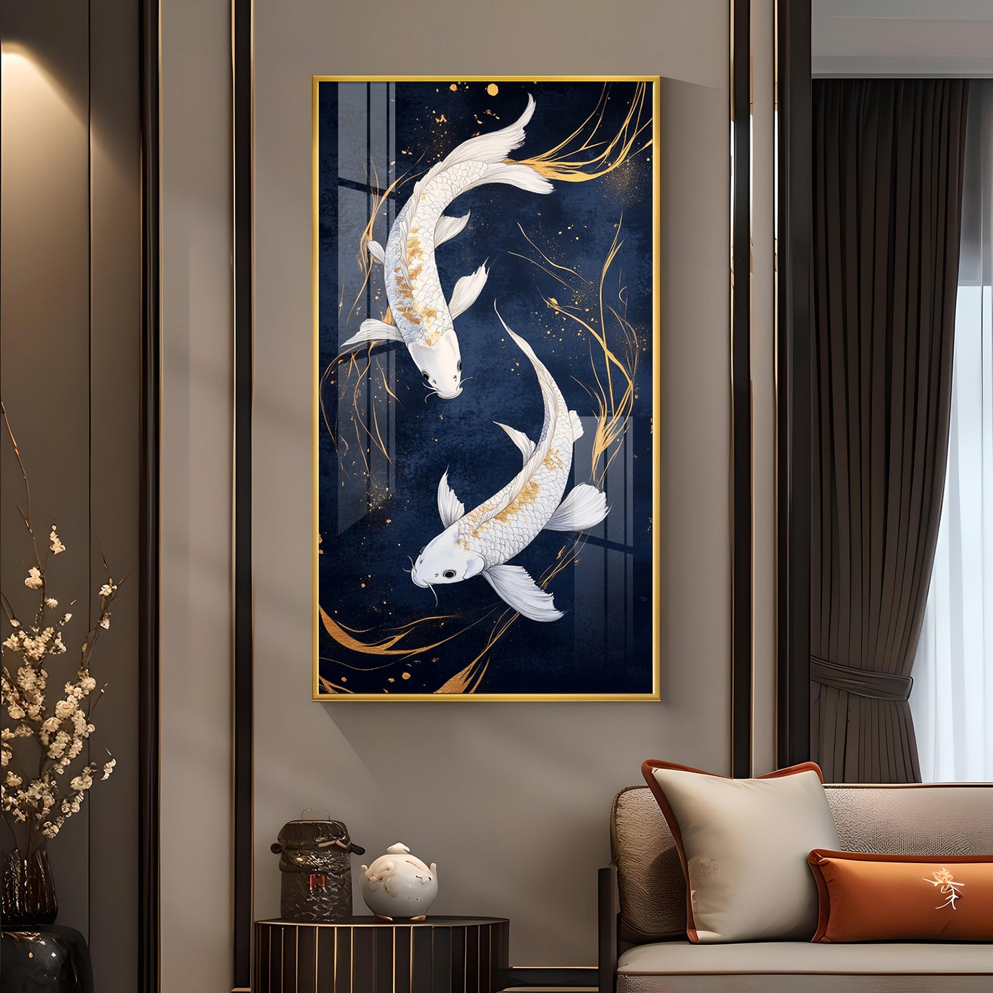 Pair Of White Fish Glass Finish Vertical Wall Art