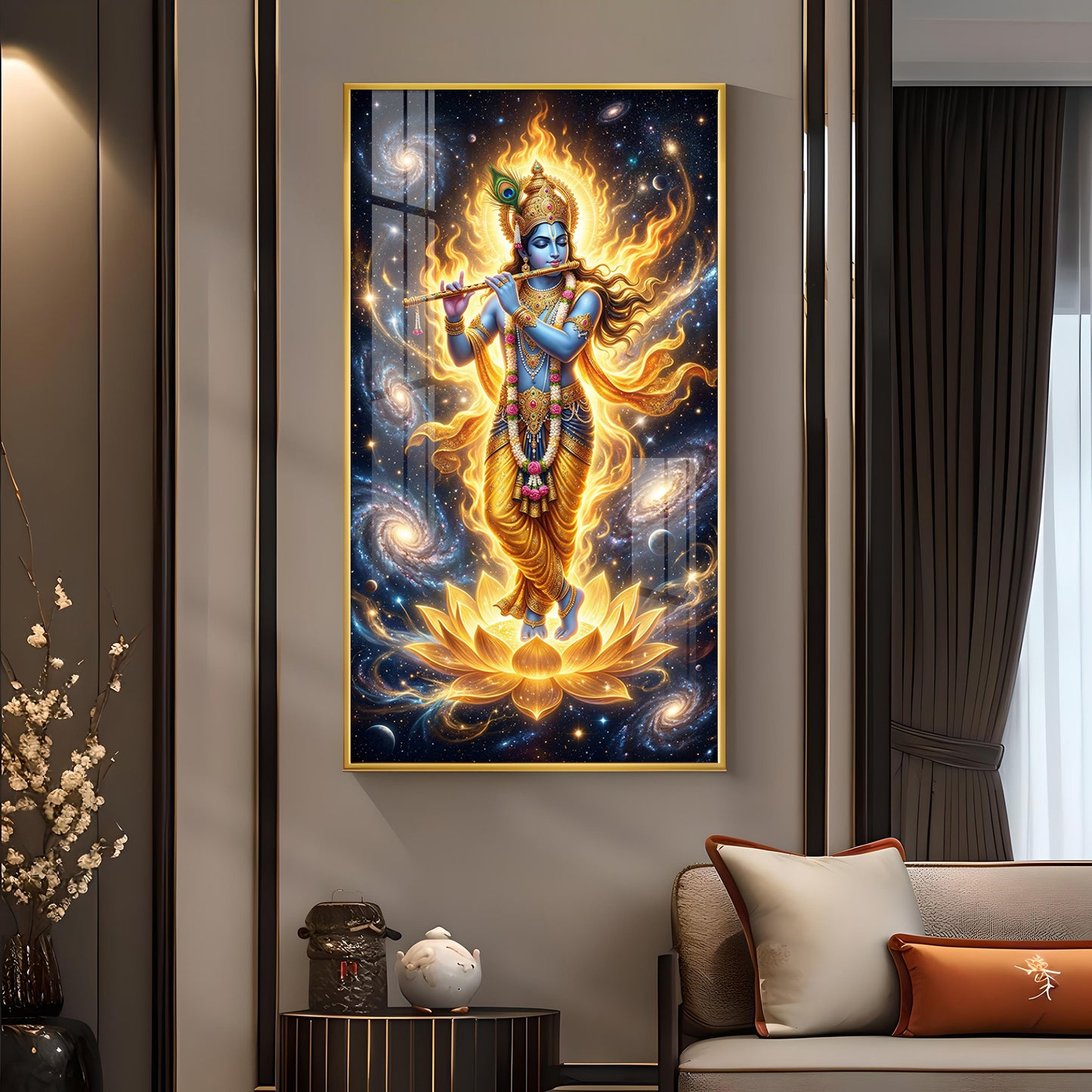Lord Krishna Playing Bansuri Glass Finish Vertical Wall Art