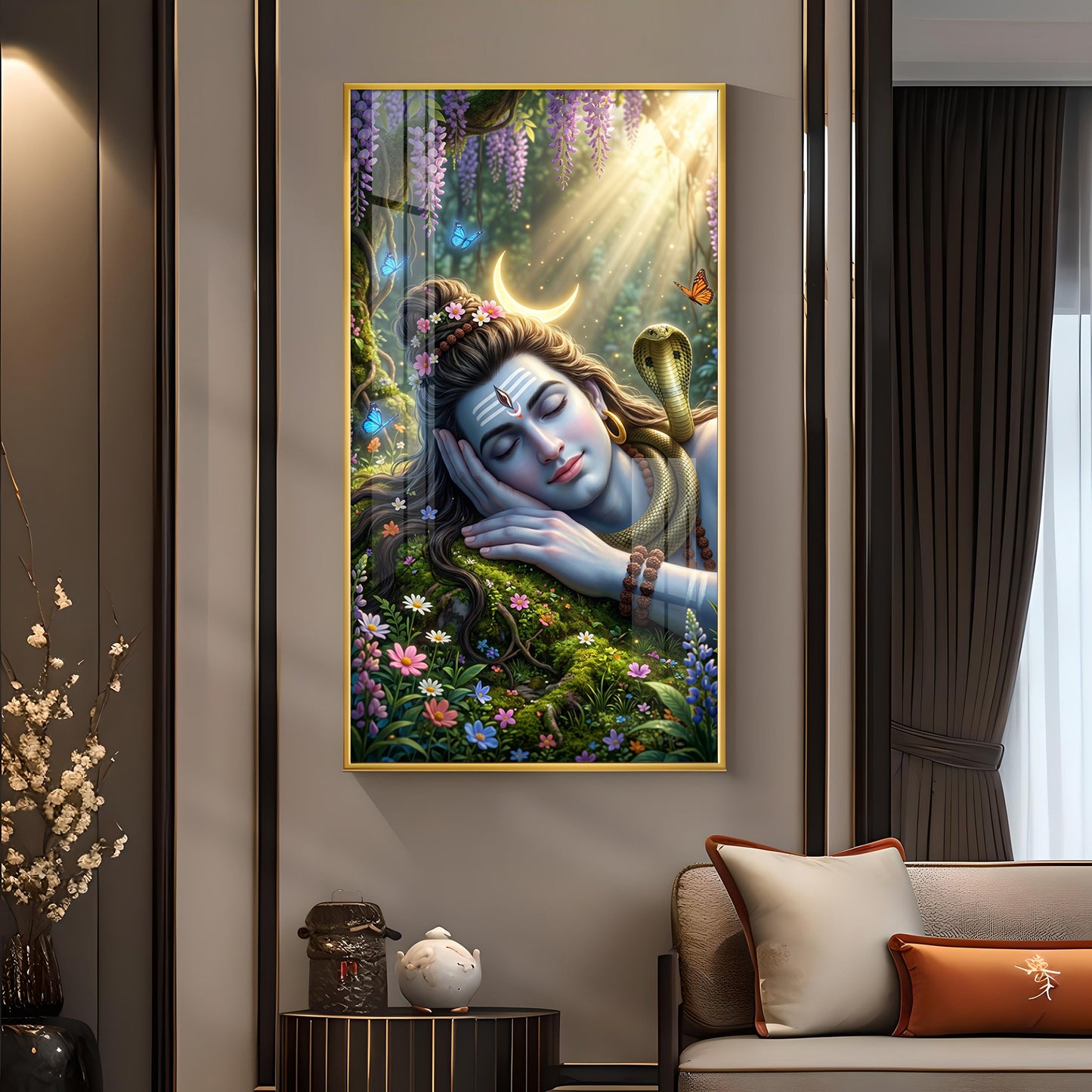 Lord Shiva Glass Finish Vertical Wall Art