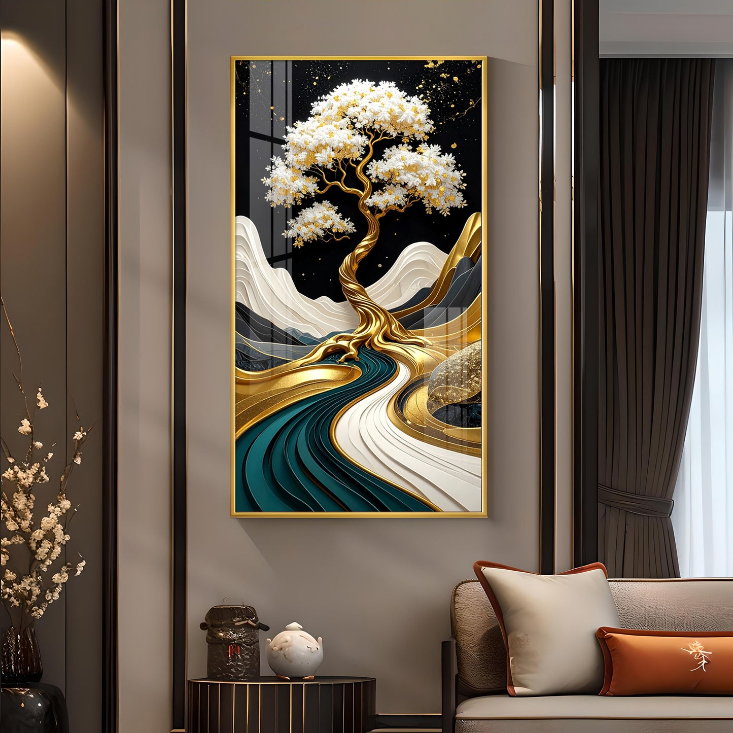 Golden Serenity Tree Glass Finish Vertical Wall Art