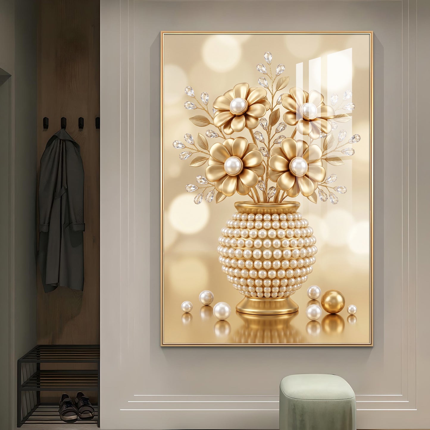 Golden Flowers With Vase Glass Finish Vertical Wall Art