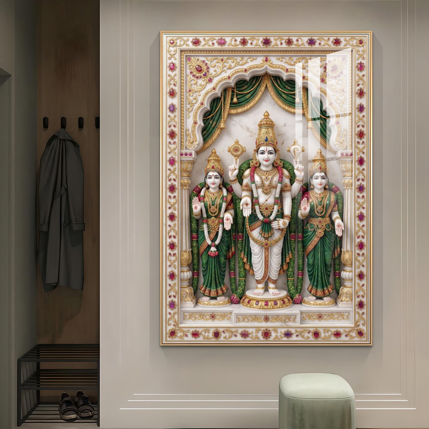Lord Murugan with Valli and Devasena Glass Finish Vertical Wall Art