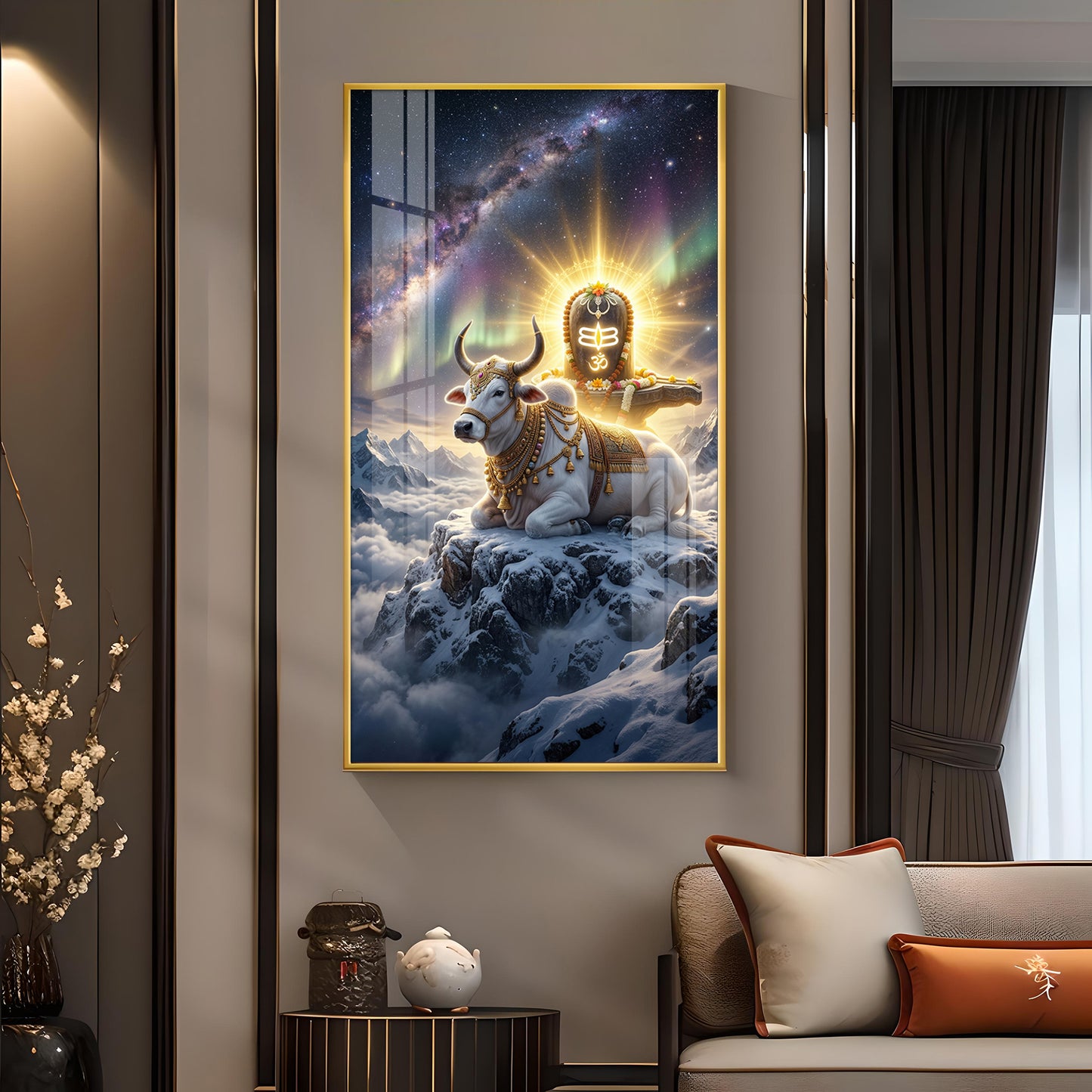 Mahadev With Nandi Glass Finish Vertical Wall Art