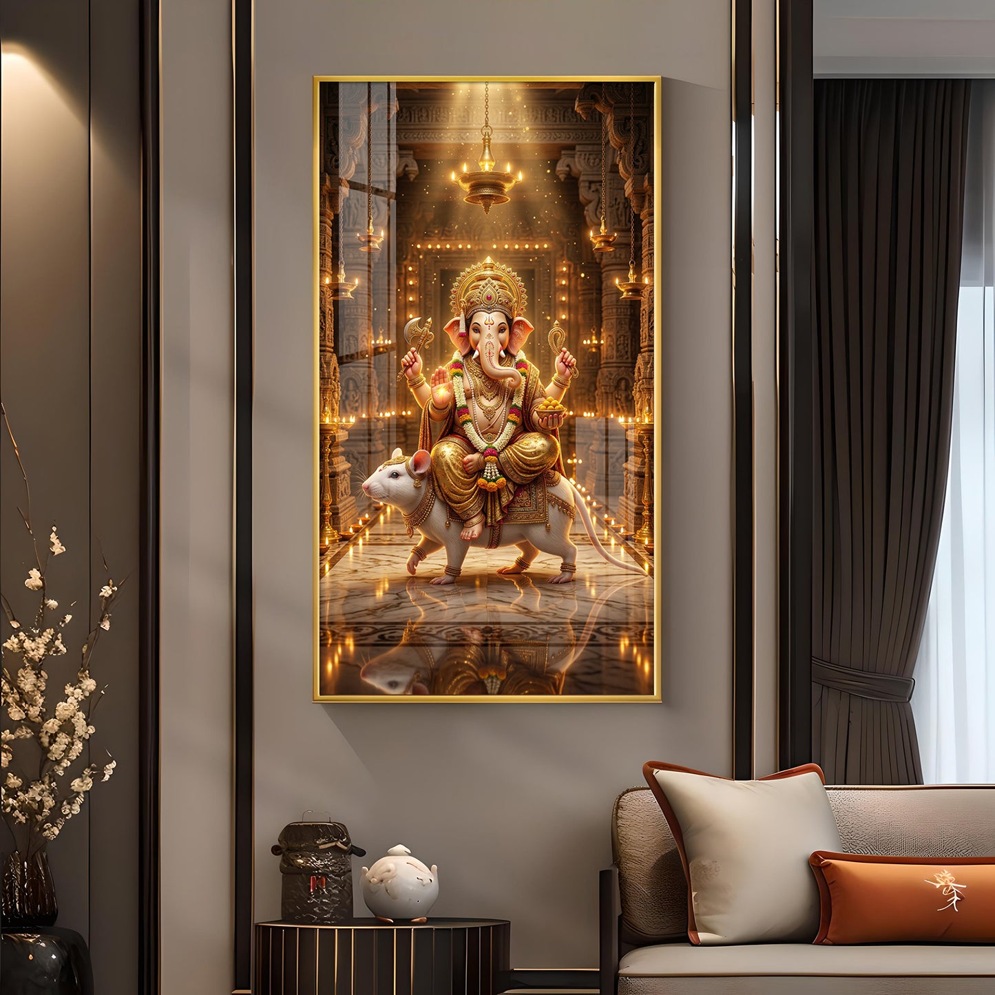 Ganesh Ji With Mushak Glass Finish Vertical Wall Art