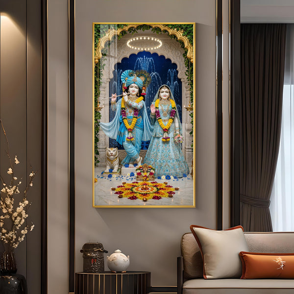Radha & Krishna Masterpiece Glass Finish Vertical Wall Art