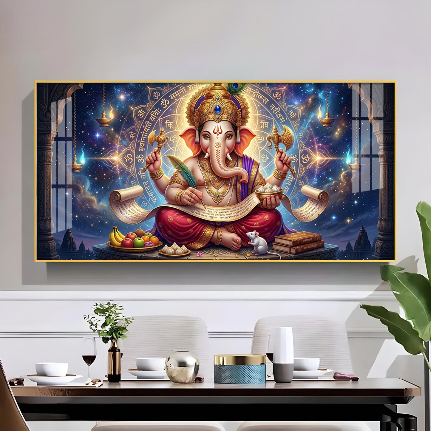 Lord Ganesha Glass Finish Horizontal Wall Art