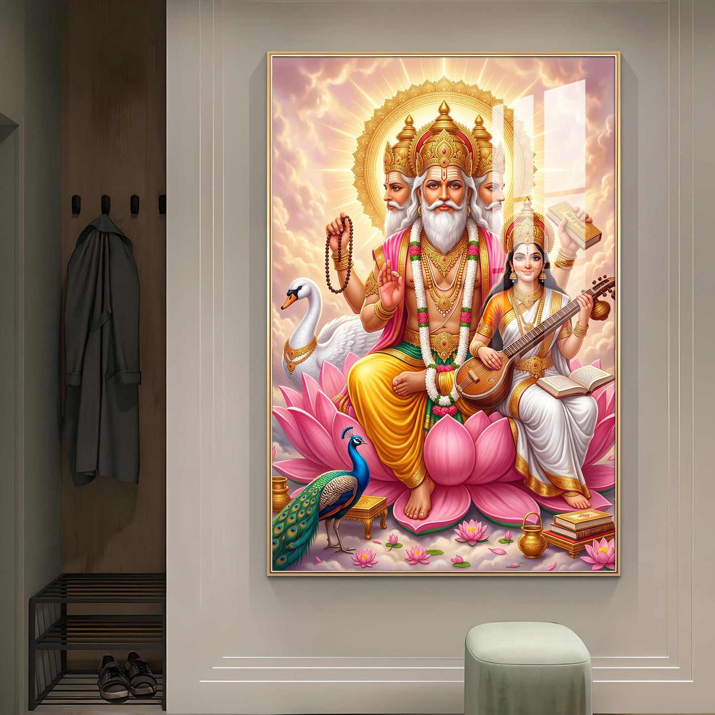 God Brahma Alongside Saraswati Glass Finish Vertical Wall Art
