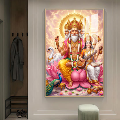 God Brahma Alongside Saraswati Glass Finish Vertical Wall Art