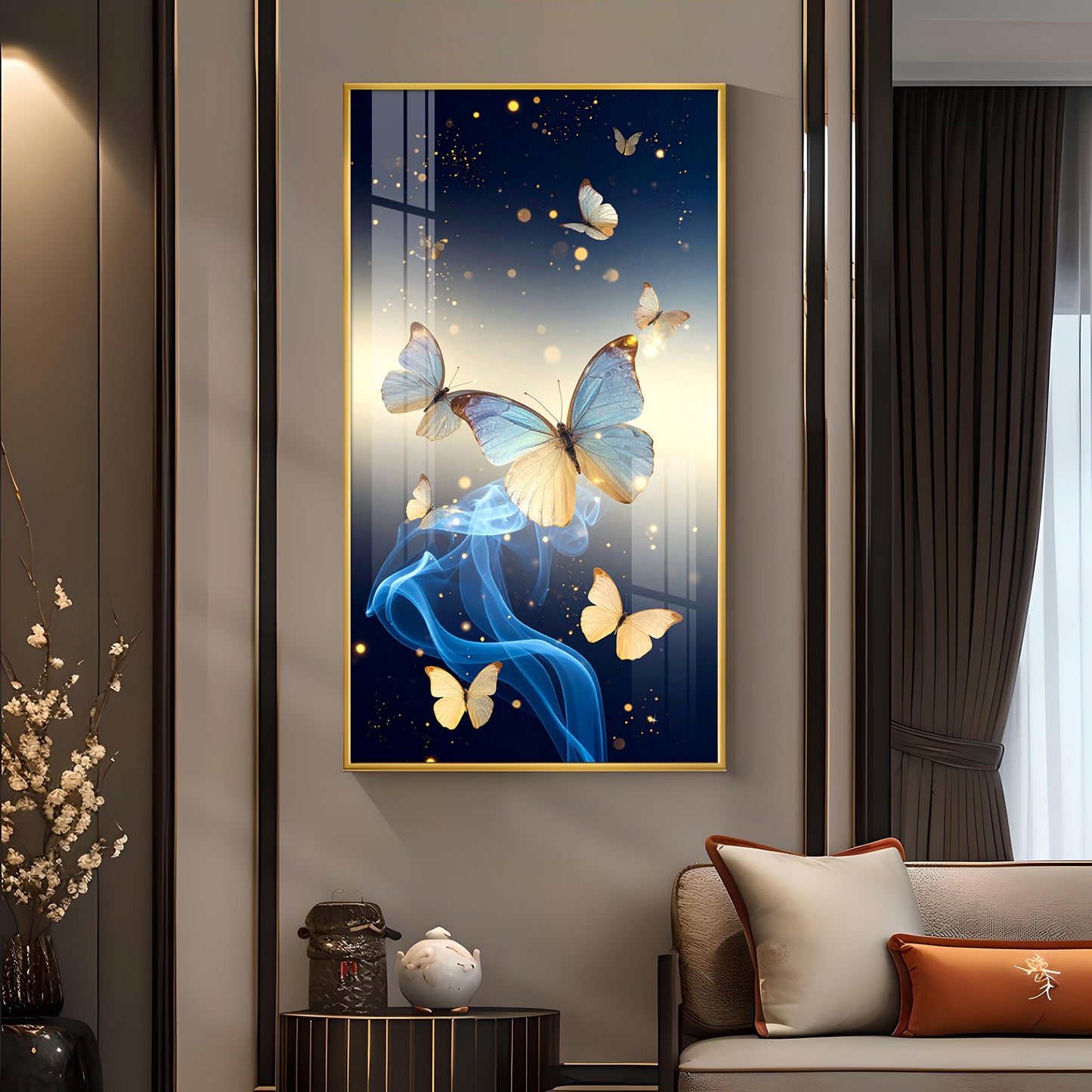 Azure Butterfly Dance Glass Finish Vertical Wall Art