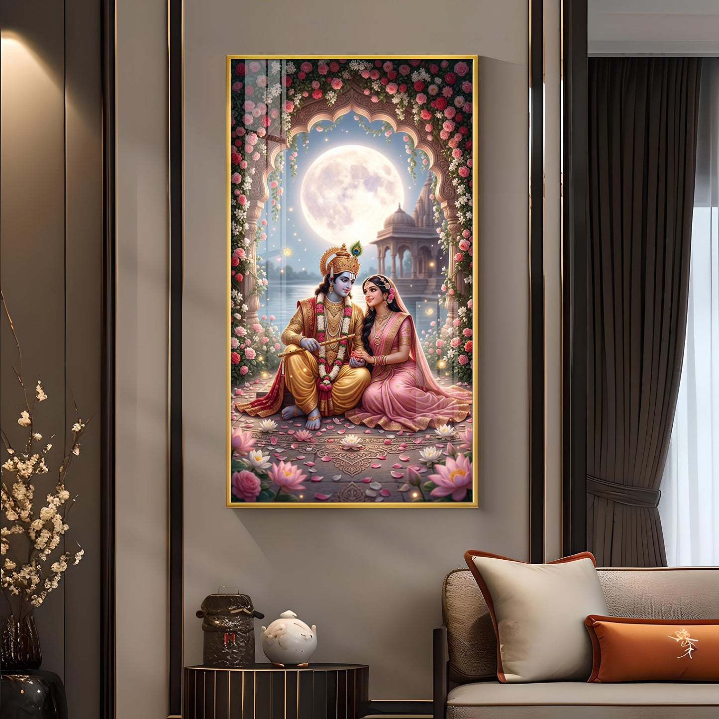 Religious Shri Radhe Krishna Glass Finish Vertical Wall Art