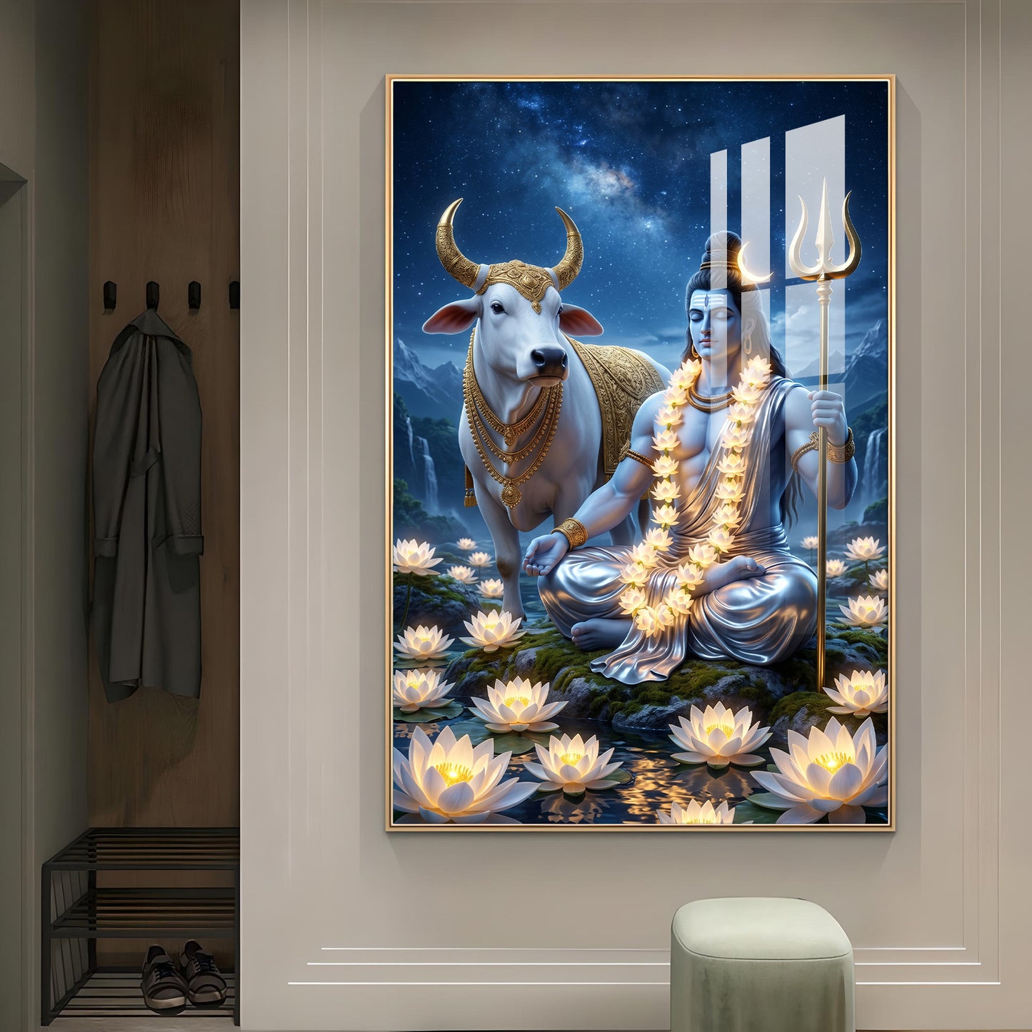 Lord Shiva Meditating Beside Nandi Glass Finish Vertical Wall Art