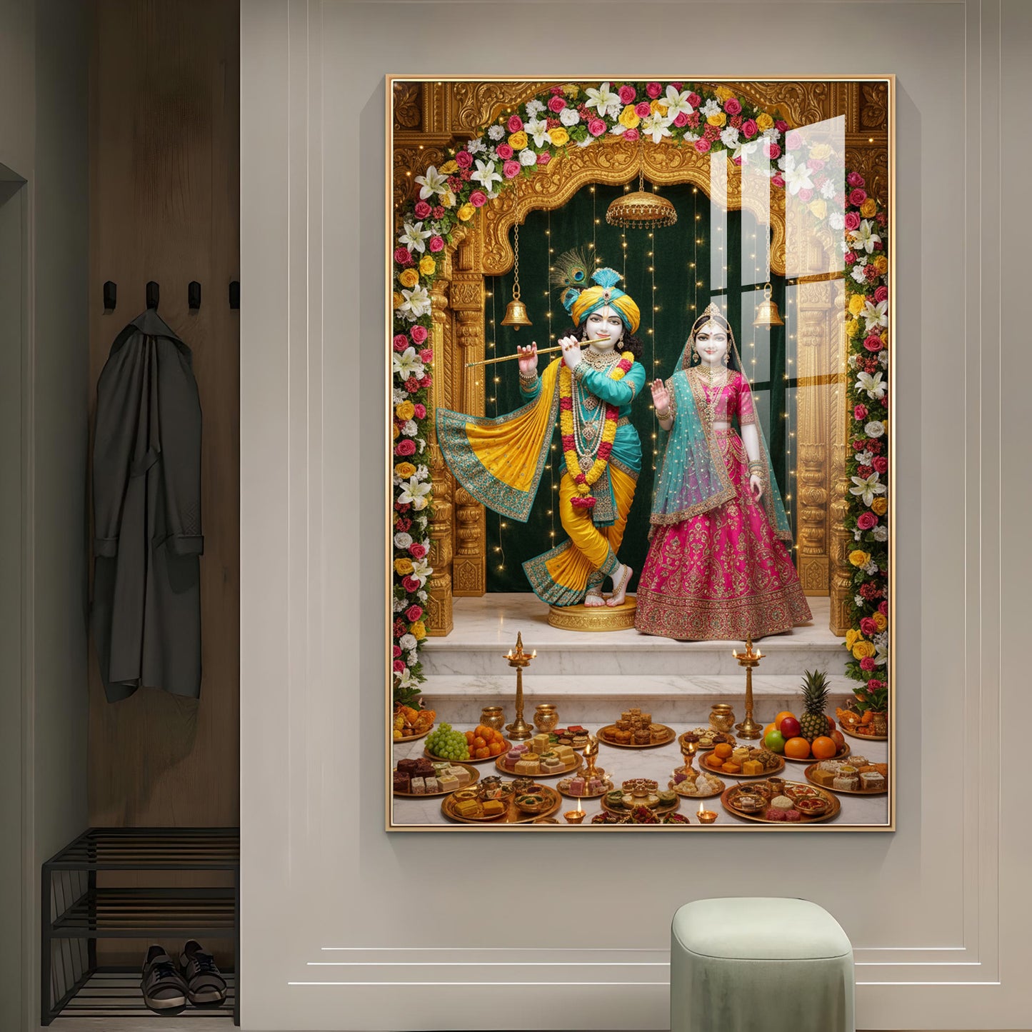 Lord Krishna and Radha Glass Finish Vertical Wall Art