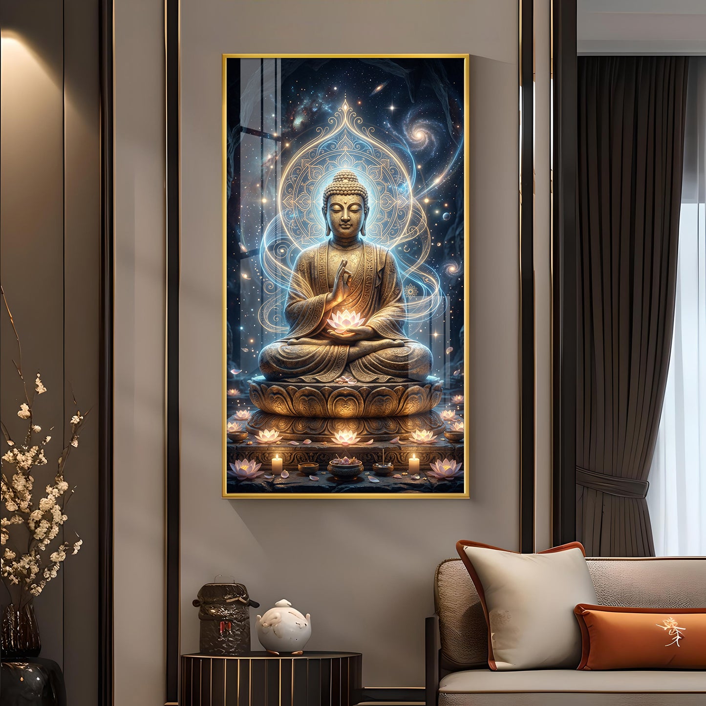 Meditating Buddha Glass Finish Vertical Wall Art