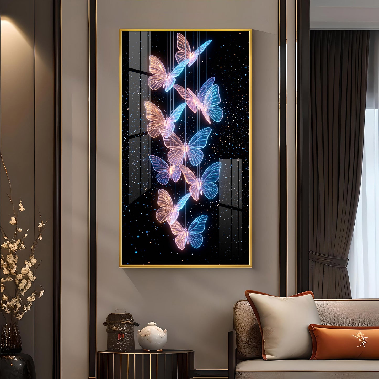 Blue & Pink Glowing Butterflies Glass Finish Vertical Wall Art