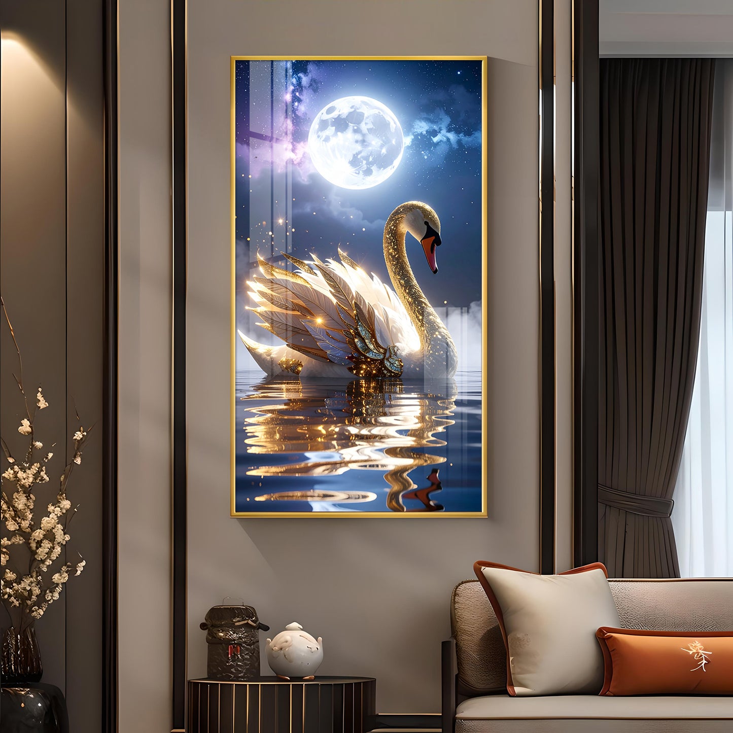 Majestic swan with feathers Glass Finish Vertical Wall Art