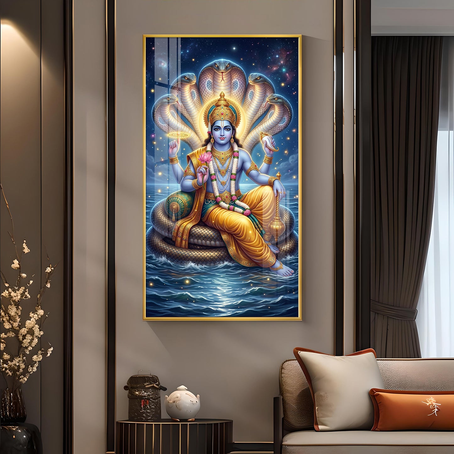 Lord Vishnu On Sheshnag Glass Finish Vertical Wall Art