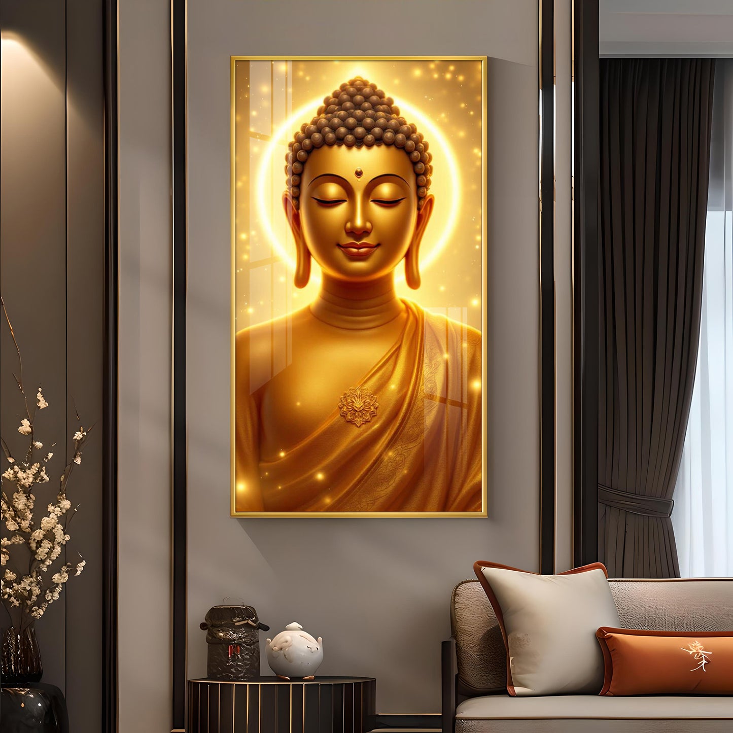 Golden Meditating Buddha Glass Finish Vertical Wall Art