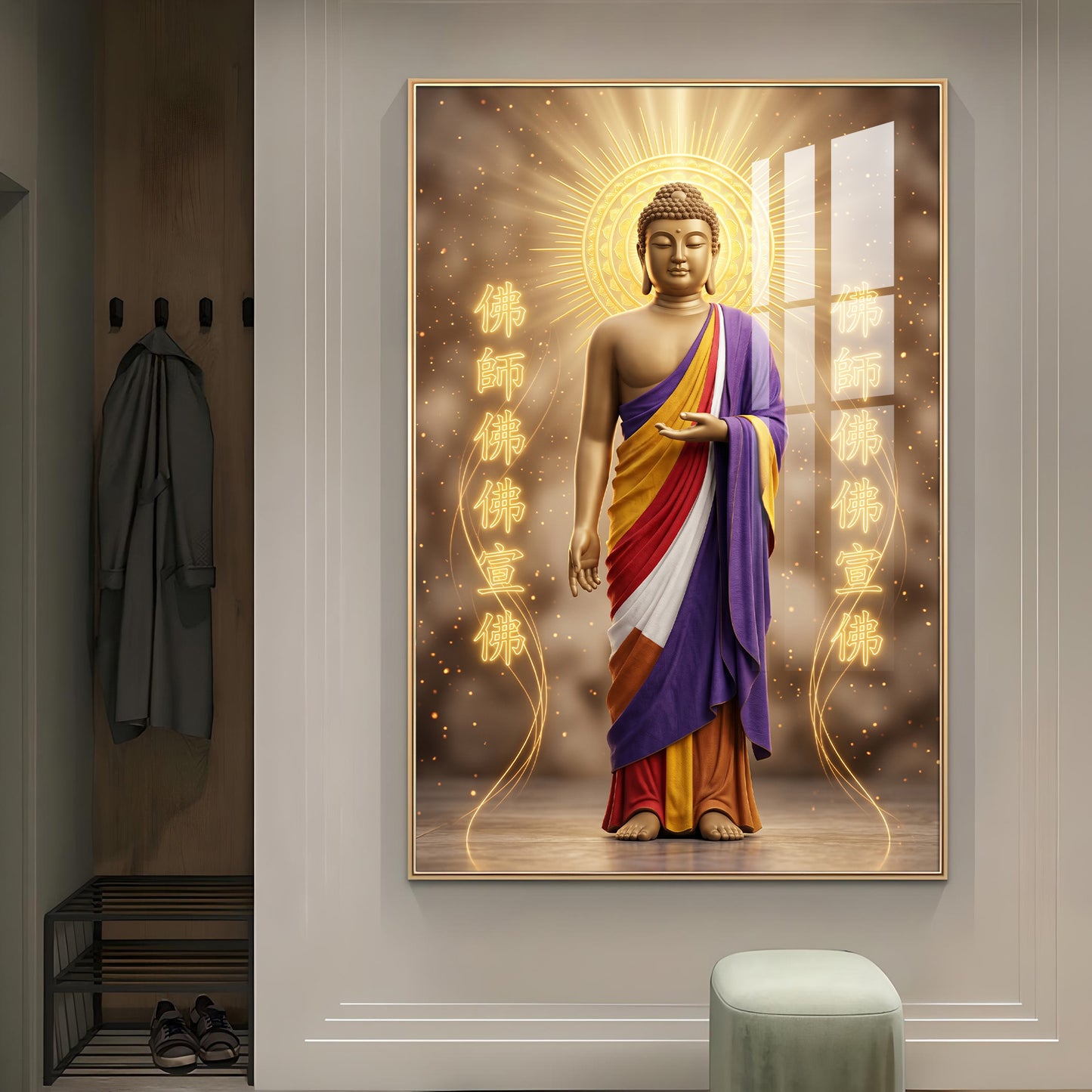 Depicting A Golden Buddha Glass Finish Vertical Wall Art
