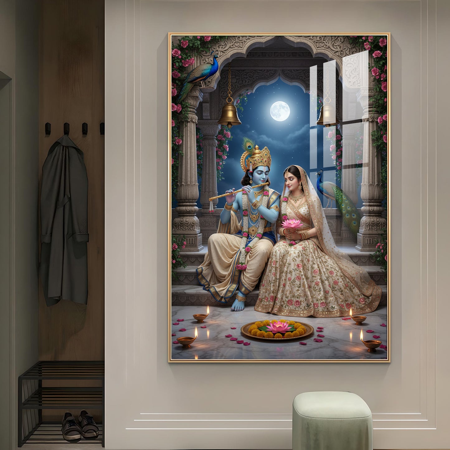 Hindu Deities Radha & Krishna Glass Finish Vertical Wall Art