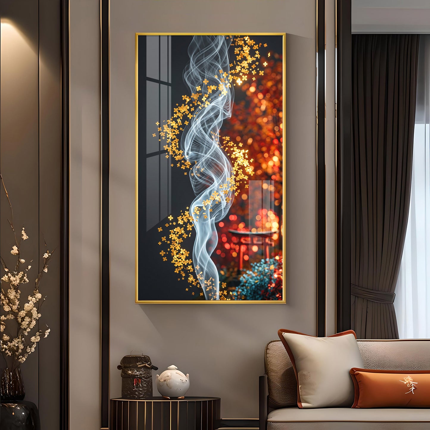 Whispers of Golden Bloom Glass Finish Vertical Wall Art