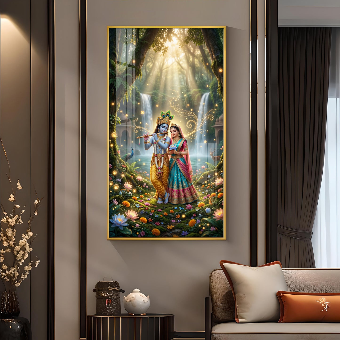 Beautiful Radha Krishna Divine Love Glass Finish Vertical Wall Art