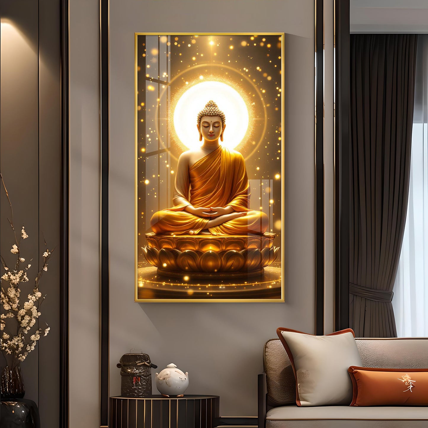 Meditating Gautam Buddha Glass Finish Vertical Wall Art
