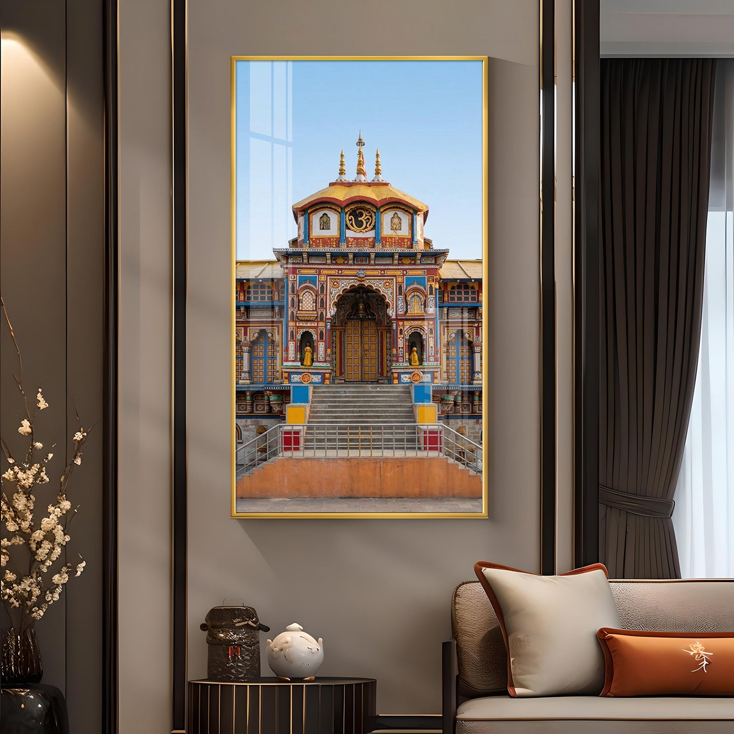 Badrinath Temple Glass Finish Vertical Wall Art