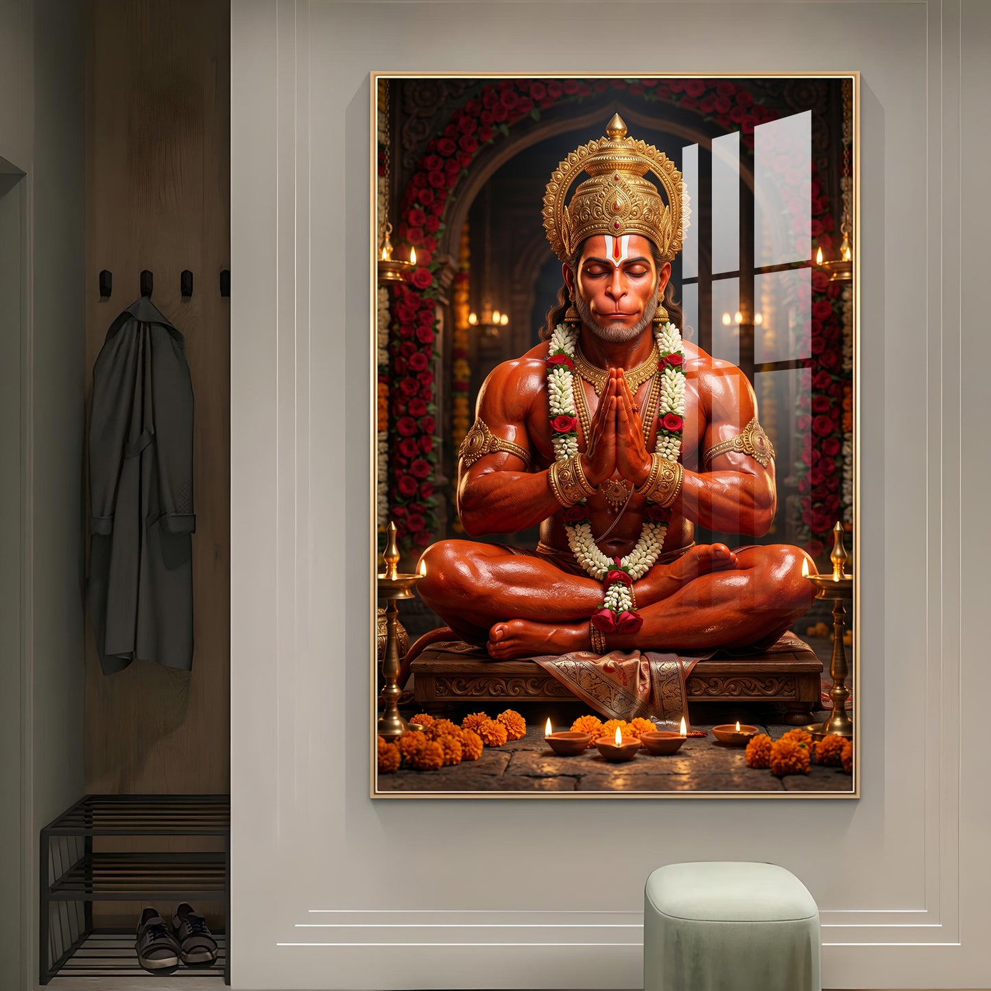 Lord Hanuman Glass Finish Vertical Wall Art