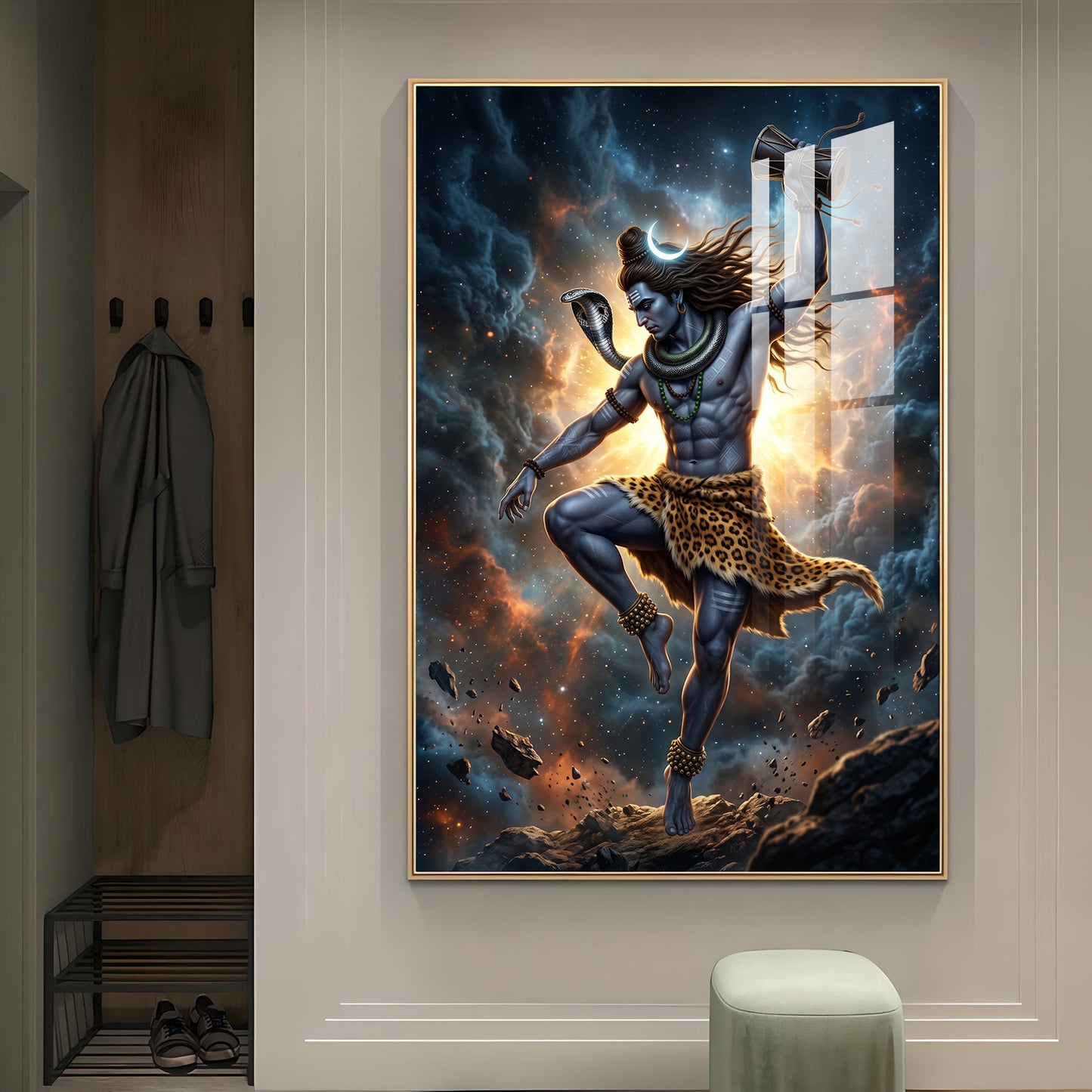 Mahadev In His Tandava Pose Glass Finish Vertical Wall Art