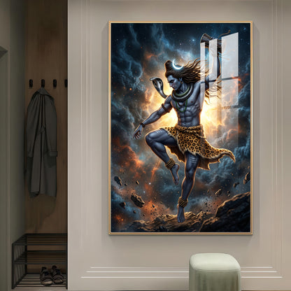 Mahadev In His Tandava Pose Glass Finish Vertical Wall Art