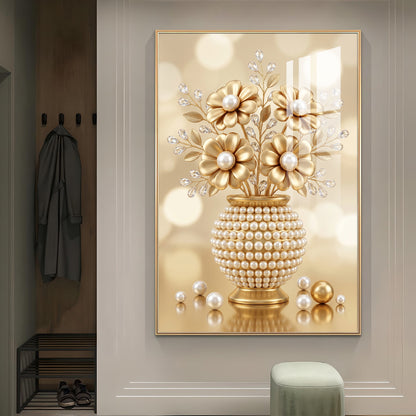 Golden Flowers With Vase Glass Finish Vertical Wall Art