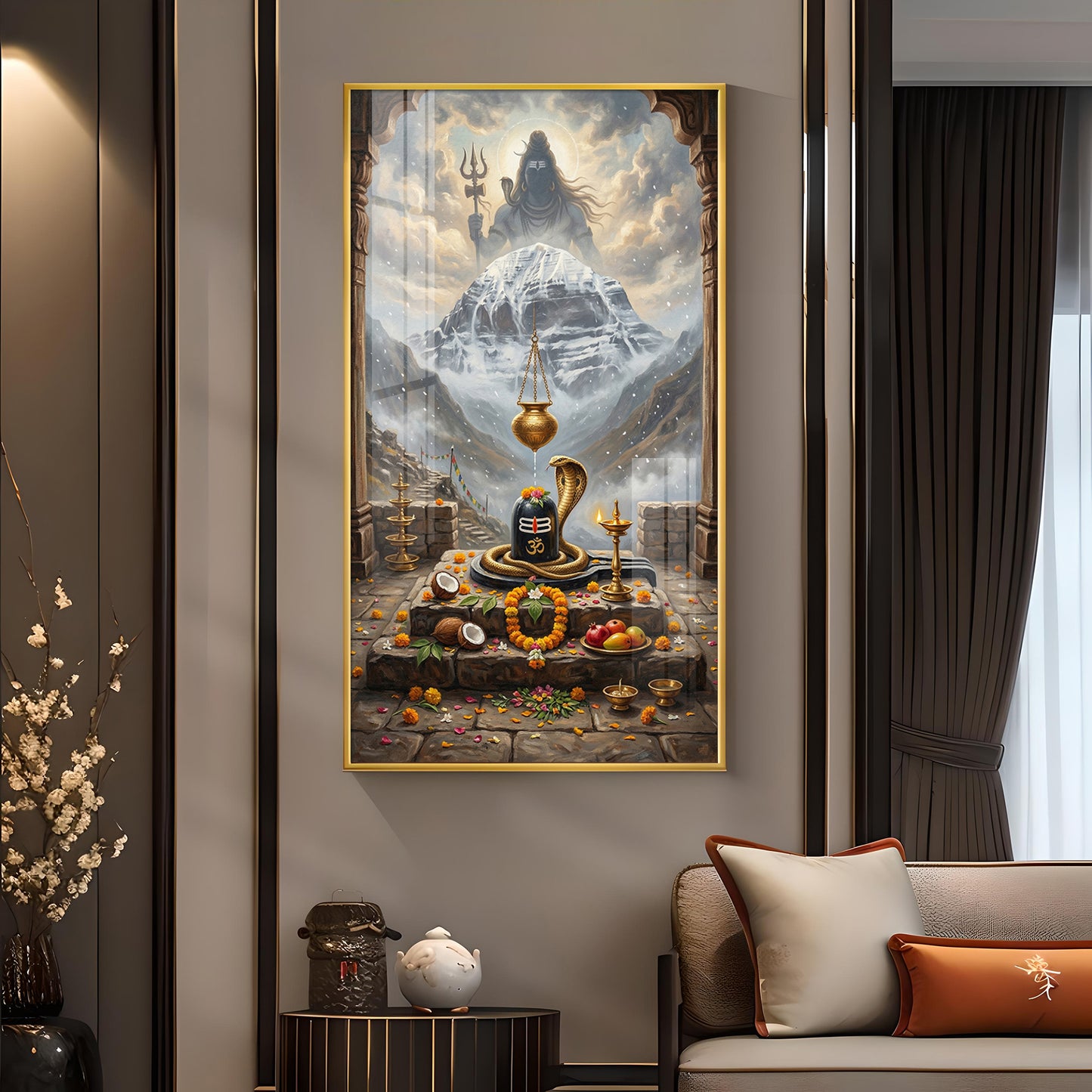 Lord Shiva Shivlingam Glass Finish Vertical Wall Art