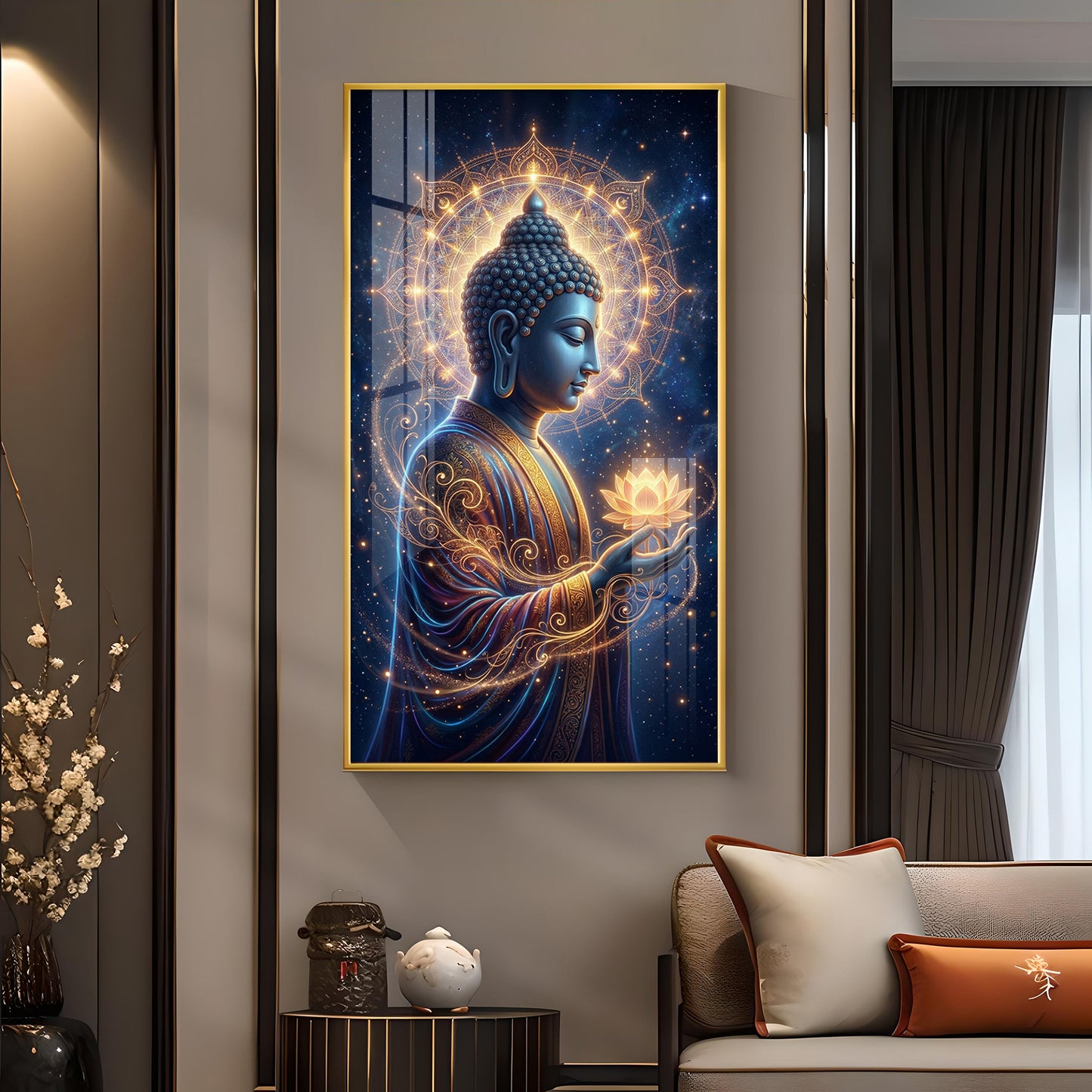 Gautam Buddha Glass Finish Vertical Wall Art
