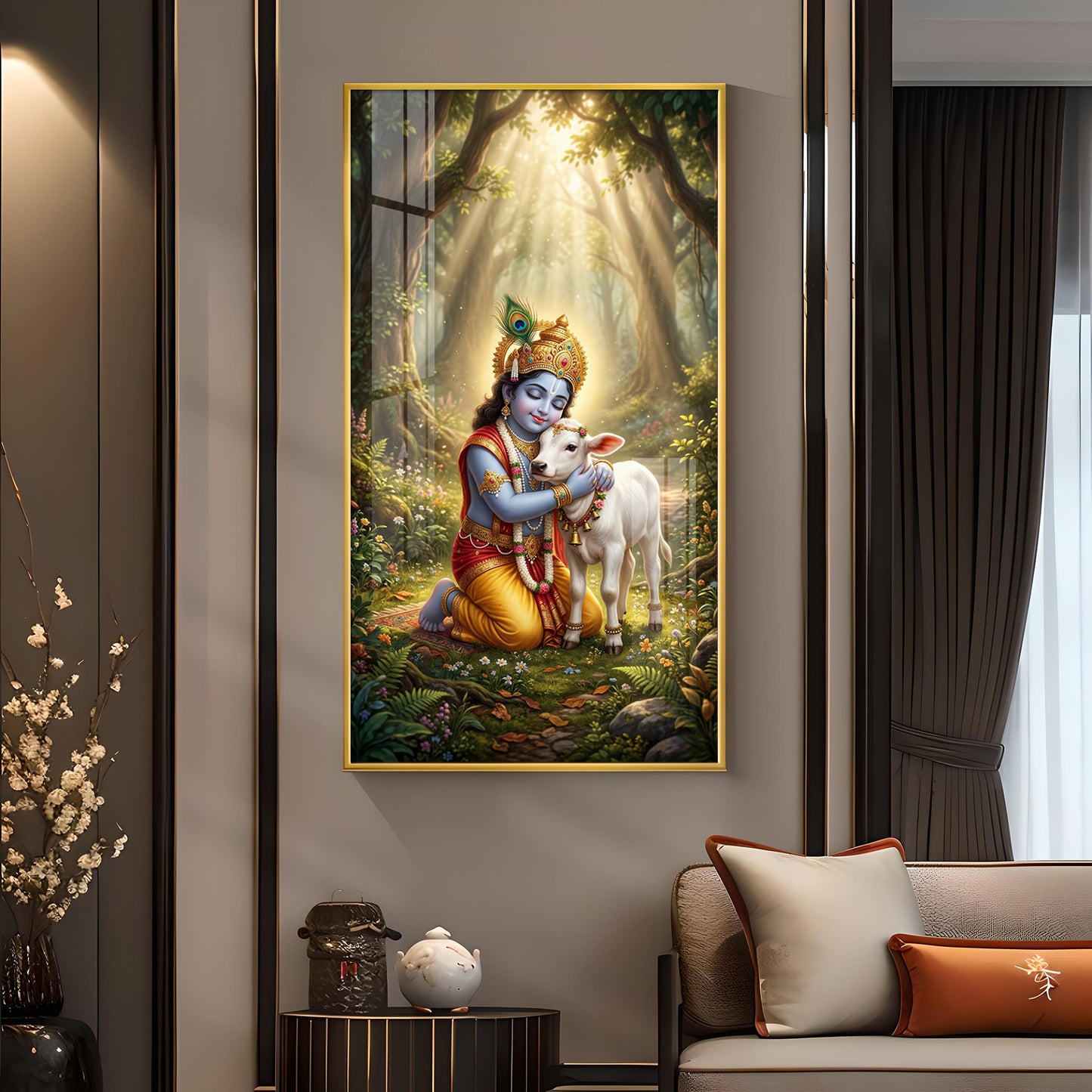 Bal Krishna With Calf Glass Finish Vertical Wall Art