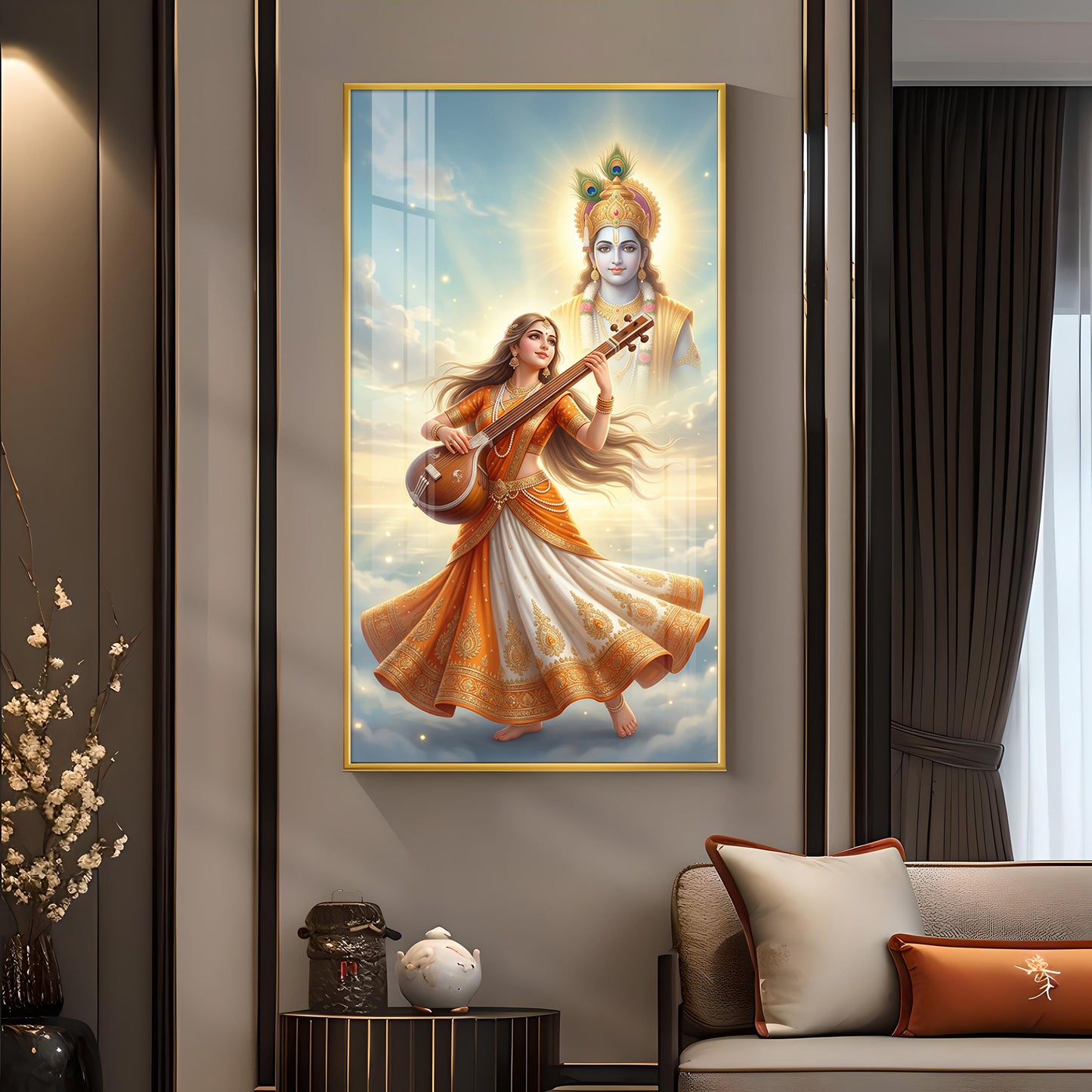 Divine Meera Bai with krishna Glass Finish Vertical Wall Art