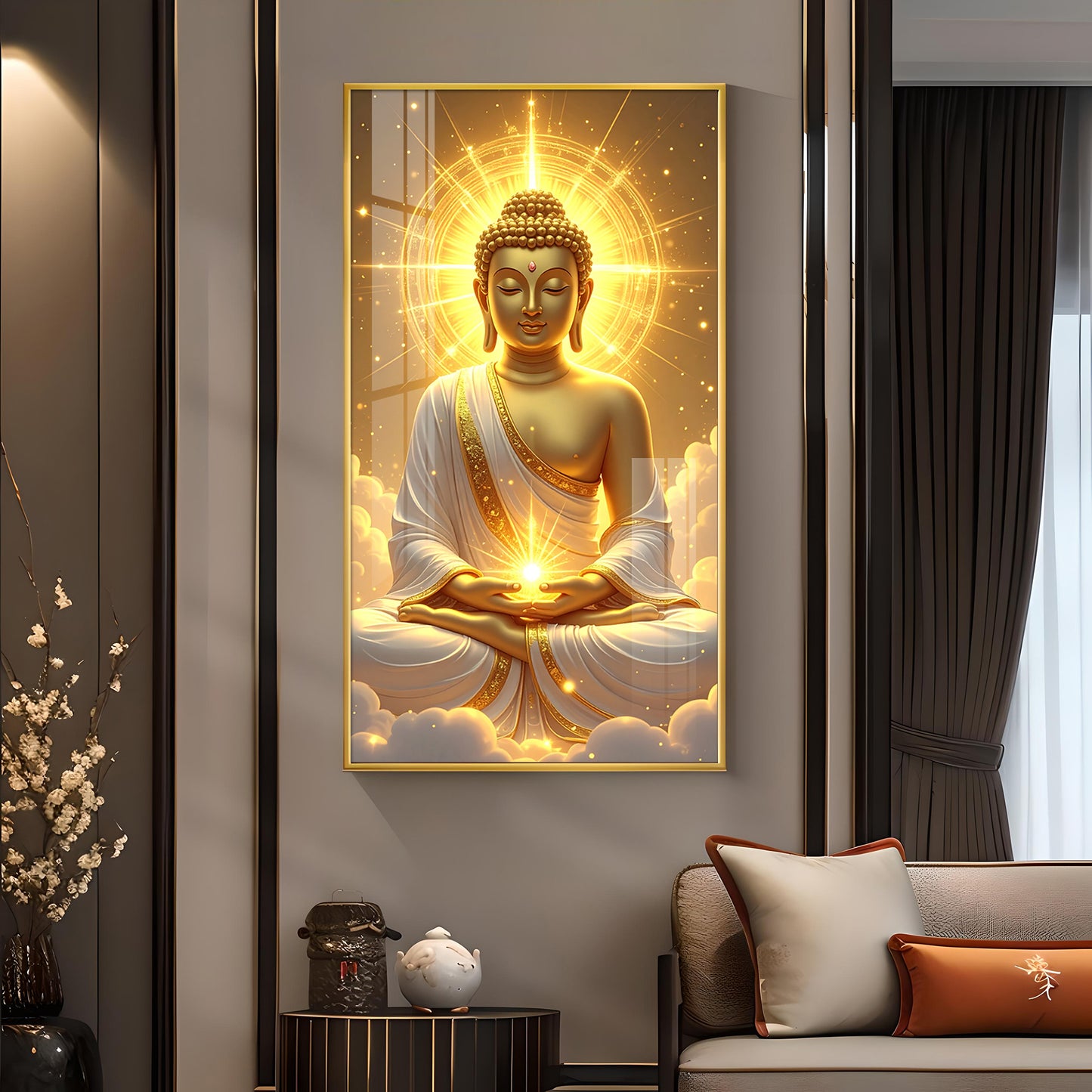 Golden Serenity Buddha Glass Finish Vertical Wall Art