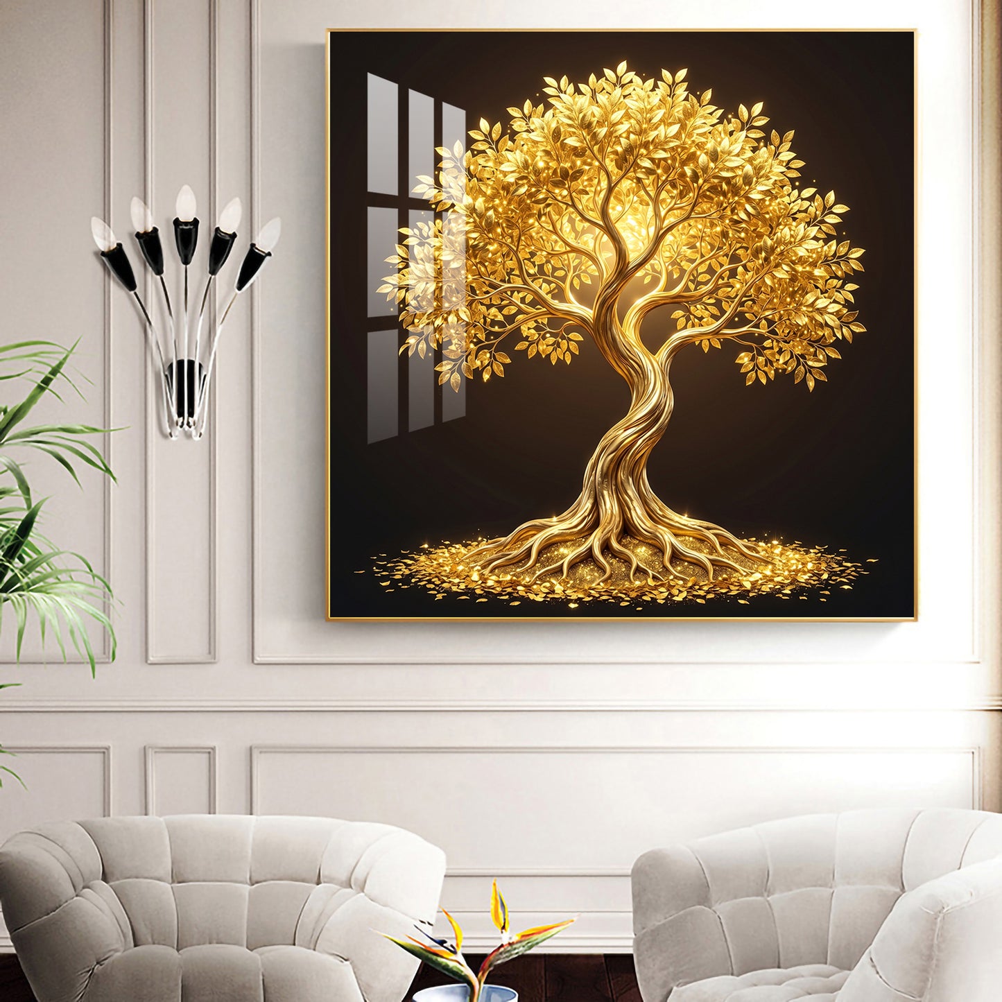 Golden Kalpavriksha Glass Finish Square Wall Art
