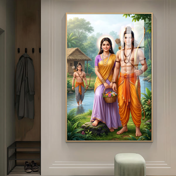 Lord Ram Siya With Lakshman Glass Finish Vertical Wall Art