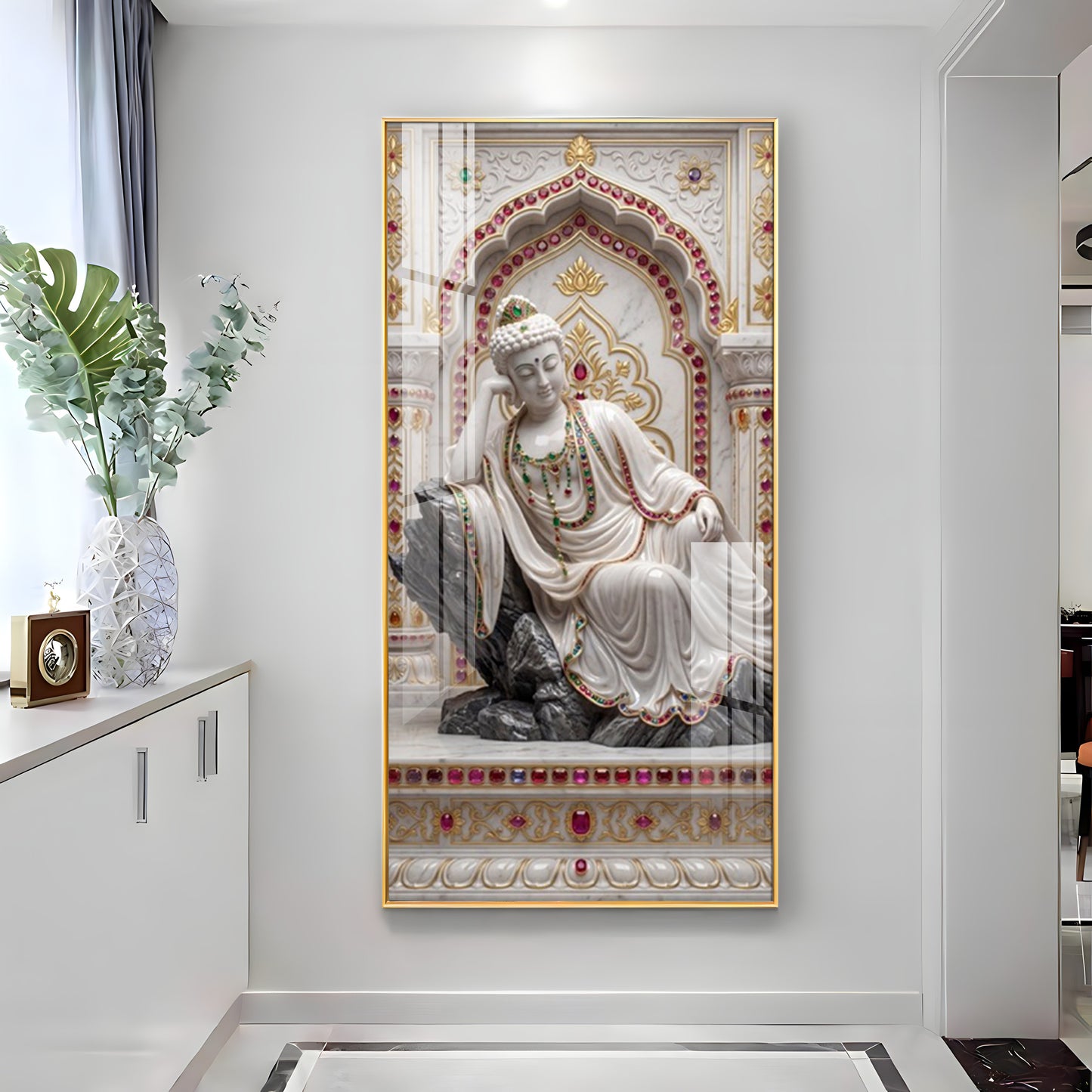 Elegant Buddha Glass Finish Vertical Wall Art