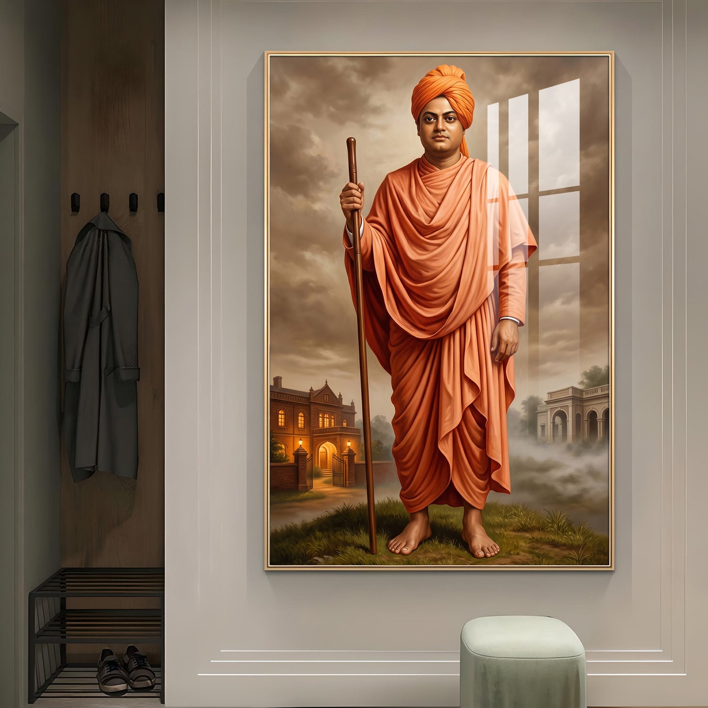 Hindu Monk Swami Vivekananda Glass Finish Vertical Wall Art