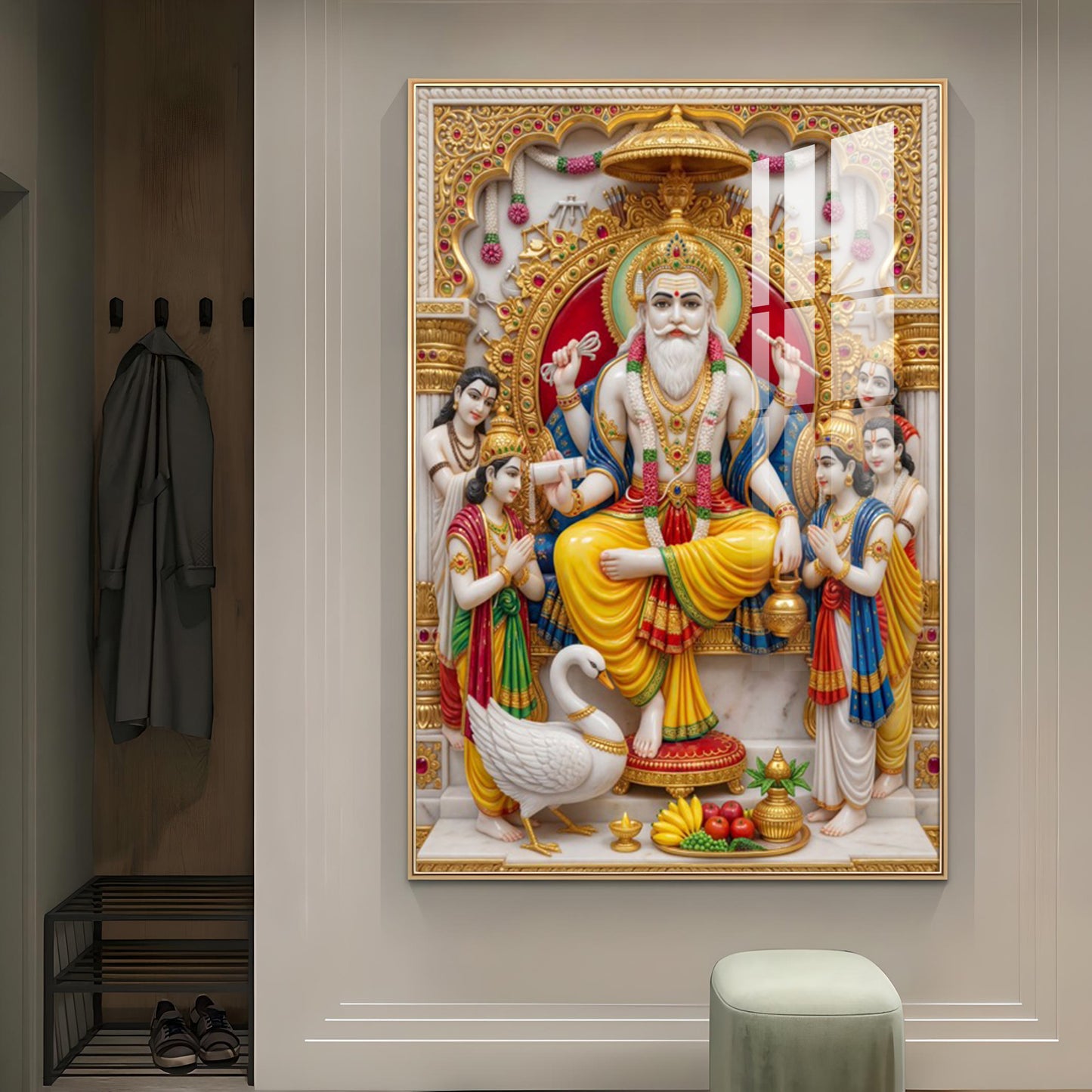 Lord Shree Vishwakarma Ji Glass Finish Vertical Wall Art